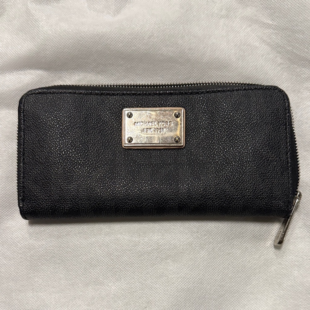 Michael Kors Black Zip-Around Leather Wallet with Silver Plate
